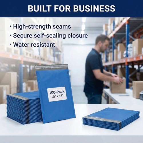 Image of BOX USA Shipping Bags 10 x 13 (100-Pack) Blue - Heavy Duty Self-Adhesive Envelope Poly Mailers for Packing