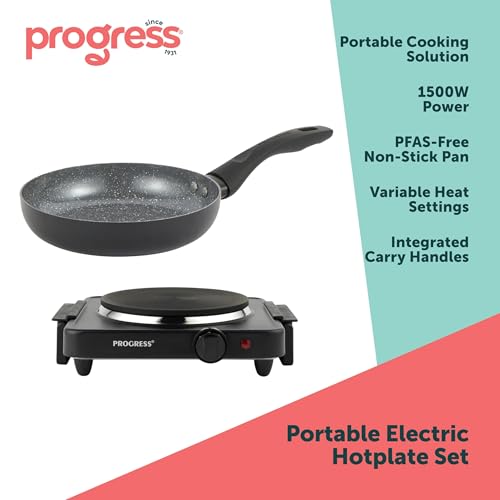 Progress COMBO-9088 Electric Hotplate Set – With 28 cm Ceramic PFAS-Free Non-Stick Frying Pan, Camping Stove, Table Top Electric Cooker, Portable Kitchen Hob with Carry Handles, Variable Heat Settings - Image 3