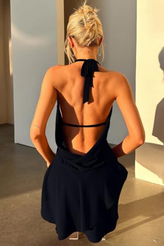 GOKATOSAU Women's Sexy Halter Plunge V Cowl Neck Low Open Back Irregular Ruffle Hem Mini Dress3