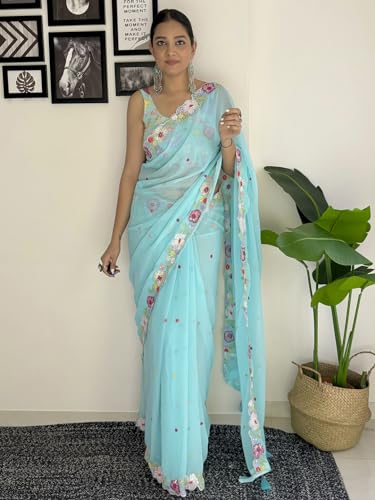 Image of AKHILAM Women's Multicolor Georgette Embroidered Saree with Unstitched Blouse Piece(KESARI7801 KR Parent)