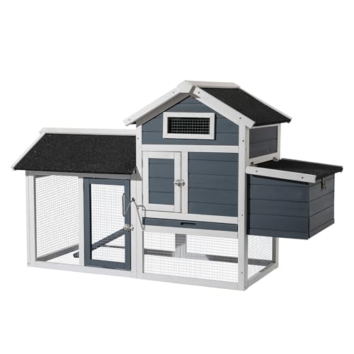 Wiltec Hühnerstall 1520 x 520 x 920 mm grau weiß mit Freilauf und Nistkasten aus Tannenholz, Hühnerhaus mit Unterschlupf, Gitter und Kotwanne verzinkt