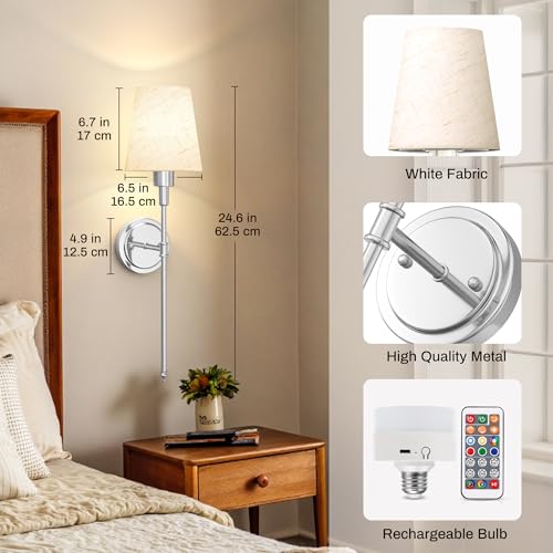 Image of DORESshop Battery Operated Wall Sconce Set of 2, 7 Color Wireless Wall Light Easy to Install, Sconce Wall Decor Set of 2 for Bedroom, Living Room, Fabric Linen Shade, Chrome, 24.6in