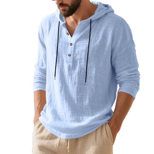 Mens Cotton Linen Long Sleeve Hoodies Casual Loose Button Down Drawstring Shirts Fall Lightweight Henley Clothes