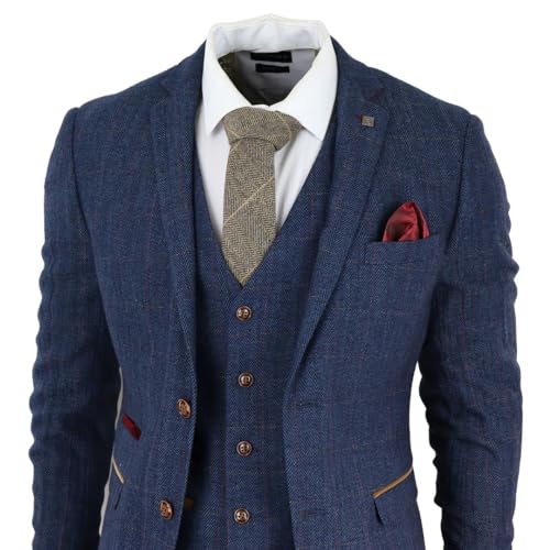 TruClothing Mens Blue 3 Piece Suit Herringbone Tweed Checked Formal Dress Suits4