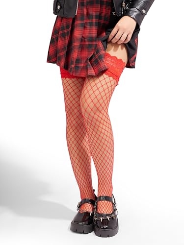 Image of Sacina Floral Red Lace Red Thigh High Stockings, Red Lace Fishnet stockings, Elastic Hosiery Tights, Gothic Accessories