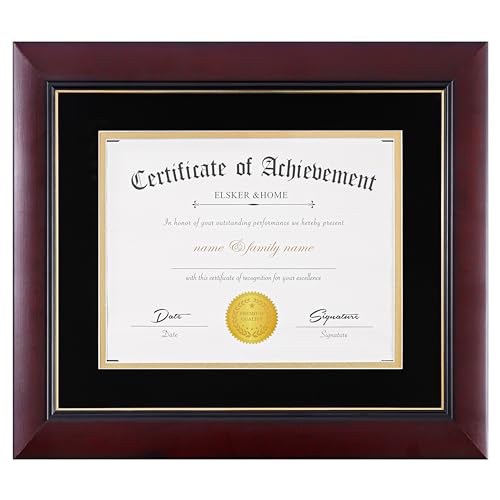 Image of ELSKER&HOME Diploma Frame - Wide Solid Wood Frame - Black Velvet Golden Rim Mat - Semi-Tempered Glass - Includes Hanging Hardware and Desktop Easel(ONLY Display 11x14 Document /Certificate) | Document Frames 11x14 with Mat or Certificate 15x18 without Mat Wide Molding Semi-Tempered Glass (Black with Golden Rim)
