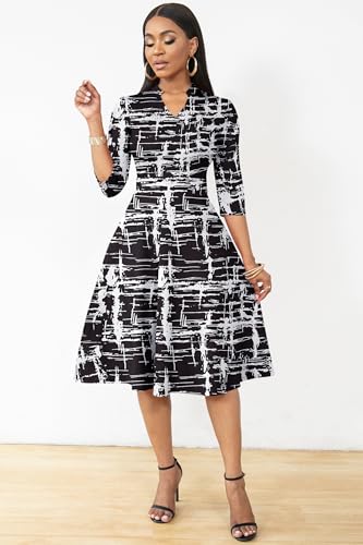 Image of Nmoder Casual Dresses for Women Semi Formal Fit and Flare 3 /4 Sleeve A-line Church Work Dress with Pockets