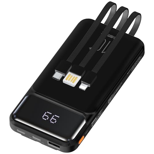 NB+ & Remax Power Bank with Built in Cables * 3, 10000mAh USB C Battery Pack 4 Outputs 2 Inputs 5V 2.1A with LED Display Type C Powerbank Portable Charger Compatible with Smartphones Tablets...(Black)