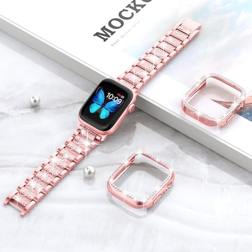 Image of SUPOIX for Apple Watch Band 45mm + Case, Bling Bands for Women (Rose Pink) | Shiny Metal Bands & 2 Pack Protective Cover Cases for iWatch Series 9 /8 /7 45mm