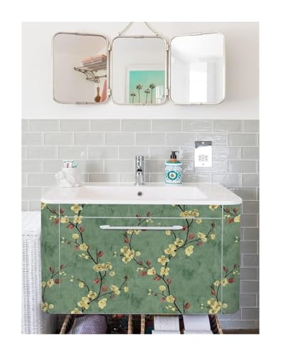 Papier peint autocollant motif Le fond vert, Couleur or fleur, Rouge feuille, Papiers peints, auto-adhésif, vinyle, revêtement mural, imperméable, film adhésif pour meubles, mur 55(17x78 in 44x200 cm)