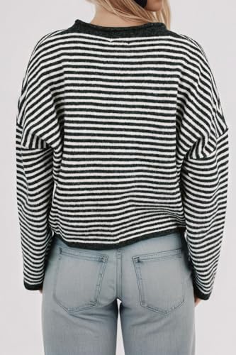 Women Trendy Button Down Striped Knit Cardigan Casual Loose Fit Long Sleeve Drop Shoulder Button Sweater Fall2