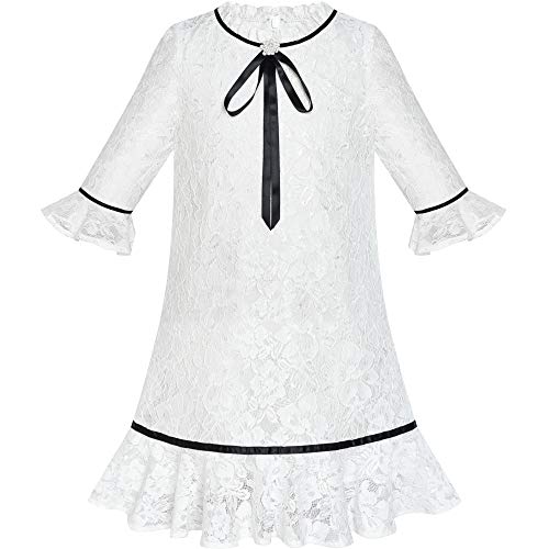 Sunny Fashion Girls Dress Lace Wave Hem Off White Elegant 3/4 Sleeve Size 5-10