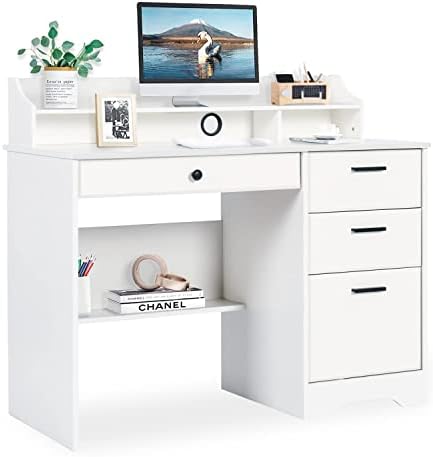 White Desk with Drawers and Storage, Home Office Desk Computer Desk with 4 Drawers & Hutch, Home Desk Small White Desk with Drawers for Bedroom, Home Office, White