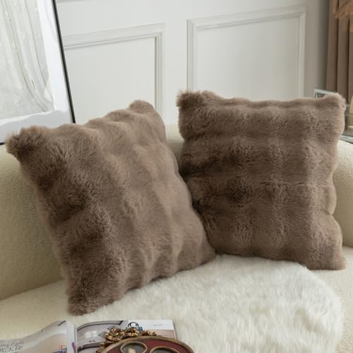 Image of MANDIOO Pack of 2 Thick Plush Wool Decorative Throw Pillow Covers Super Soft Wave Bubble Fur Velvet Cushion Covers Pillow Shams for Couch Bed Living Room 26x26 Inch Taupe