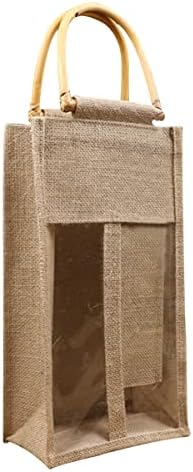 PFativant Jute Bottle Bag Burlap Wine Tote Bags Gift Packaging Champagne Handbag Non Woven Linen Handles Ropes Clear Window DIY Wine Bottles Gift Party Wedding Valentine 10x17x33CM,Yellow (605371)