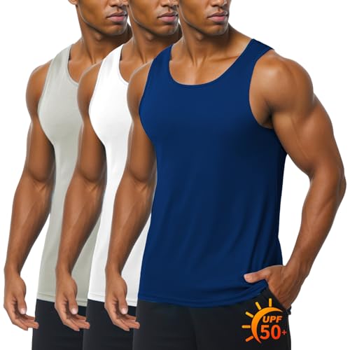ZITY Men's 3 Pack Tank Tops UPF 50+ Fast Dry Sleeveless Shirt Breathable Lightweight Workout Gym Muscle Fitness T Shirts Navy Blue/White/Light Grey Large