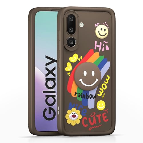 Image of Pikkme Back Cover for Samsung Galaxy M56 5G | Soft Silicone| Cute Rainbow Smile & 3D Cartoon Flower Design | Shockproof Raised Camera Protection Bumper Case (Brown)