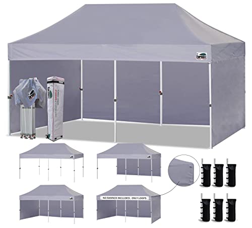 Image of Eurmax USA 10x20 Pop Up Canopy Tent,Commercial Tent with Patented No-Tip Rolling Bag,4 Zippered Removable Walls,UV & Water Resistant Canopy Top,Heavy Duty Outdoor Gazebo,Instant Shelter(Gray)
