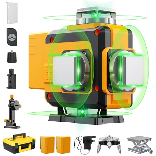 【Modo dual】Nivel Láser Verde 4x360°, Nivel Láser Profesional 4D 16 Hilos, Nivel Láser Autonivelante, IP54 A Prueba de Polvo, Resistente al Agua, 2 Baterías Recargables de 4800 mAh