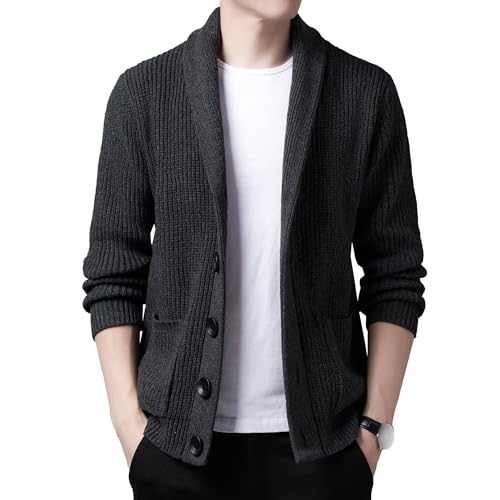 Men's Solid Color Button Cardigan Sweater Casual Soft Warm Coats with Pockets Stylish Fit Long Sleeves Sweatshirt (XX-Large,Black Gray 2)