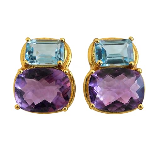 Topaze bleue boucles d'oreilles artisanales en argent massif doré