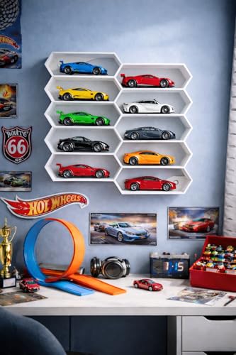 Image of 10-Car Hexagon Wall Rack Compatible with Hot Wheels Stand & 1:64 Die-Cast Cars | Stackable Wall Car Display Organizer with Side Guards & Screw Slot|Home & Office Decor (NO CAR INCLUDED)(White)
