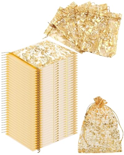 HUVZOR 50PCS Bolsa de Organza Coloridas, Bolsitas de Organza, Bolsas para Envoltura de Joyas, Bolsas de Organza de Regalo con Cordón para Boda Favores Joyas y Dulces oro 9x12cm