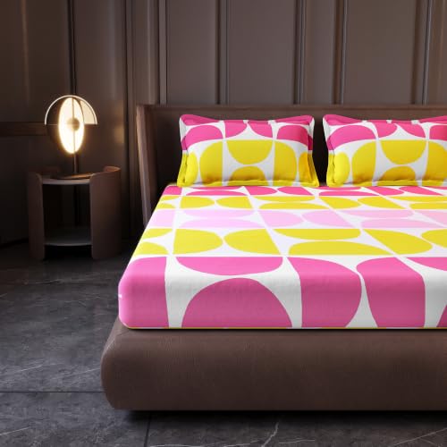 Image of Divine Casa Cotton King Size Bedsheet | 210 TC Soft Breathable Pigment Twill Satin Bed Sheet with 2 Pillow Covers | Luxury Bedding Set | 275 x 275 cm (Pink & Yellow, Gemetic)