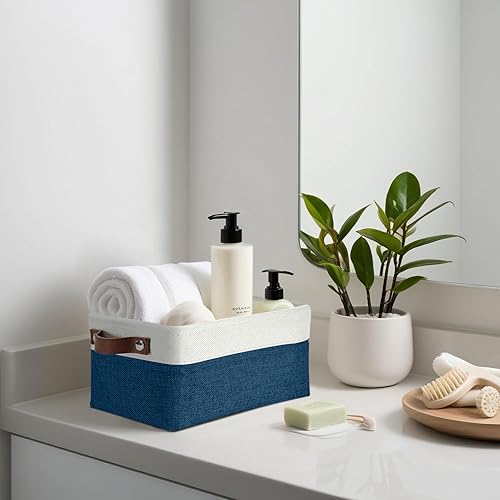 Image of DECOMOMO Foldable Storage Bin Collapsible Sturdy Cationic Fabric Storage Basket Cube W /Handles for Organizing Shelf Nursery Home Closet (Navy Blue and White, Small - 11.8 x 7.9 x 5.9 inch - 6 Pack)