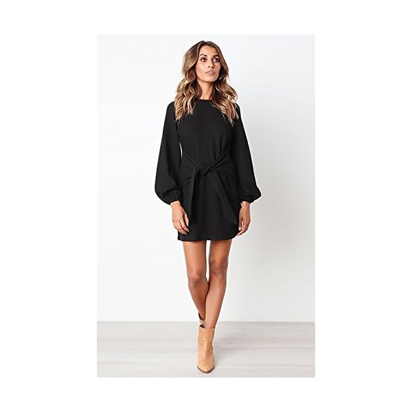 PRETTYGARDEN-Womens-Elegant-Long-Lantern-Sleeve-Short-Dress-Crewneck-Tie-Waist-Knit-Cocktail-Dress PRETTYGARDEN Women’s Elegant Long Lantern Sleeve Short Dress Crewneck Tie Waist Knit Cocktail Dress Black