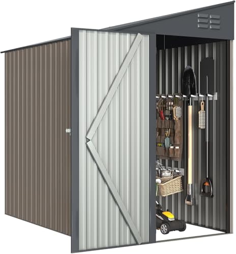 YODOLLA 2.14x1.3m Lean to Storage Shed, Metal Garden Shed, Outdoor Storgae House with Design of Lockable Door, Garden Storage Shed For Firewood, Garbage Can, Bike, Grey and Light Tan