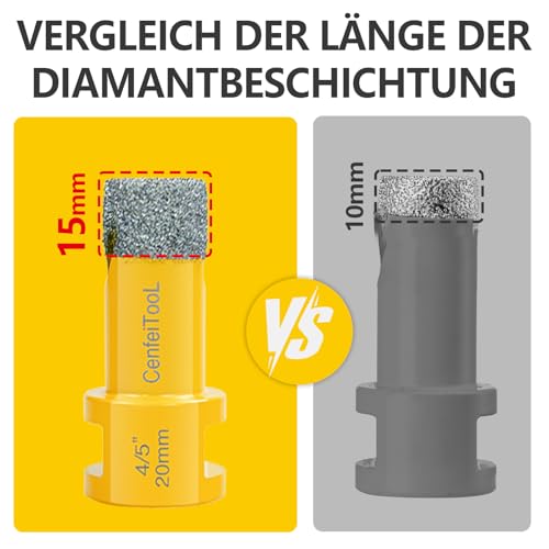 Upgrade Profi M14 15tlg Diamant Fliesenbohrer Set, Diamantbohrer 6/6/8/20/25/35/50/75/100mm+20mm Fingerfräser+50mm Fasenbohrer+2X 115mm Trennscheibe+Adapter für Porzellan Keramik Fliesen Marmor Granit