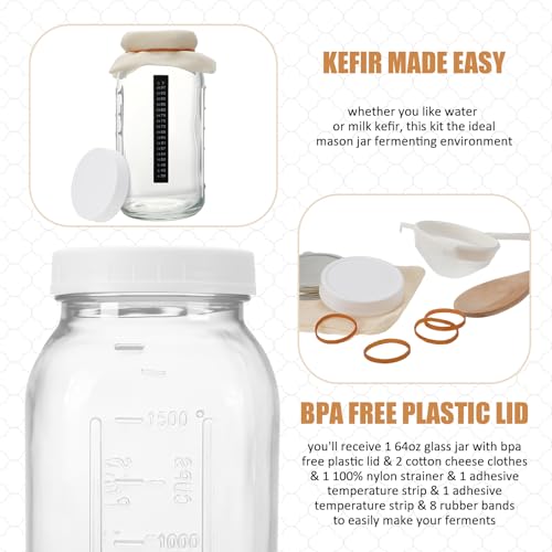 Honeydak 8 Pcs Complete Kefir Starter Kit Kombucha Fermenter Kit Half Gallon 64oz Mason Jar Wide Mouth with Plastic Storage Lid Nylon Mesh Strainer Cotton Cloth Cover and Wood Spoon by Honeydak - Image 4