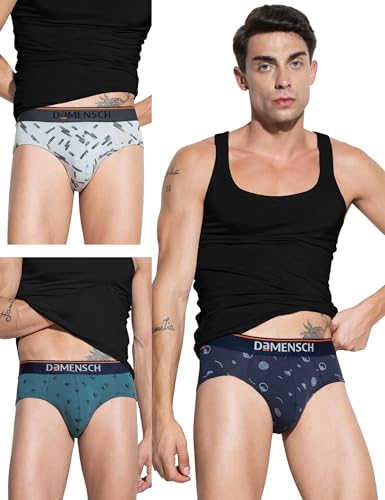 Image of DAMENSCH Men's Regular Fit Printed Cotton Briefs for Men Pack of 4| Combed Cotton, Stretchy Fabric, Anti-Bacterial and Microfibre Waistband