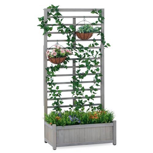 Garden Gear Grey Raised Wooden Planter & Climbing Trellis 170cm Height Durable Fir Wood Garden Bed for Climbers, Flowers, Vegetables (Grey)