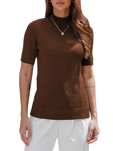 Image of Short Sleeve Mock Neck Turtleneck Sweater Tops Knit T Shirts Capsule Wardrobe Essentials