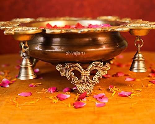 SHIVAJI ARTS Brass Urli Traditional Bowl with 4 Diya Holders, Brass Statue for Corner Table, Urli Decor, Brass Home Decor Flower Uruli, Floating Diya Pot