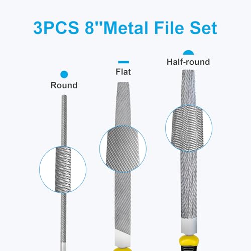pwkauka 3Pcs Metal File Set, 8-Inch Professional High Carbon Steel Metal File, Includes Flat, Round, Half-Round Metal Files, Durable Hand Files Work for Metal Wood Smoothing Shaping Deburring