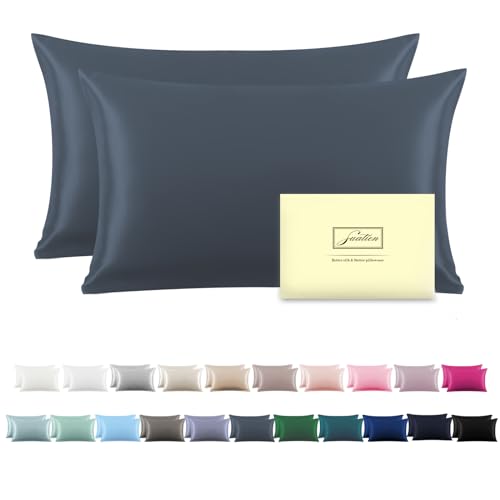 Silk Pillow Cases 2 Pack Soft Breathable and Sliky King Size Pillow Cases Set of 2,Natural Mulberry Satin Silk Pillowcase with Hidden Zipper for Hair and Skin (Space Grey,20"X 36",2pcs)