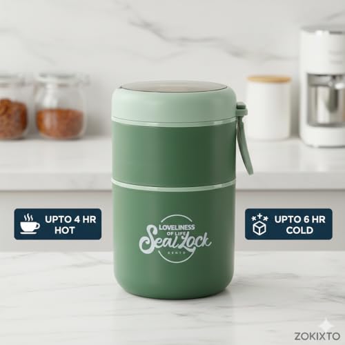 Image of 780ml Stainless Steel Lunch Box with Spoon, Handle, Leak Proof Small Container for Snack, Diet & Prep Food, Stackable Stainless Steel 2 Tier Men's Lunchbox for Work (Green)