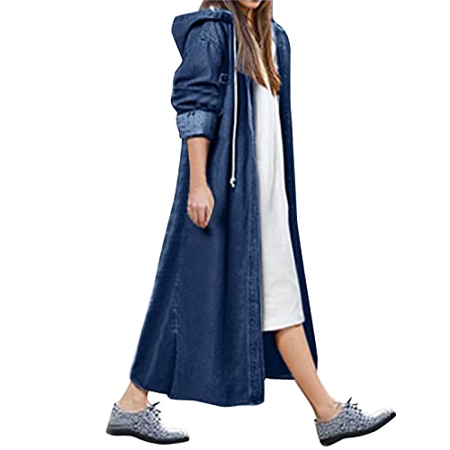 KBOPLEMQ Manteau en jean surdimensionné déchiré - Veste en jean pour femme - Trench long avec capuche, bleu foncé, L
