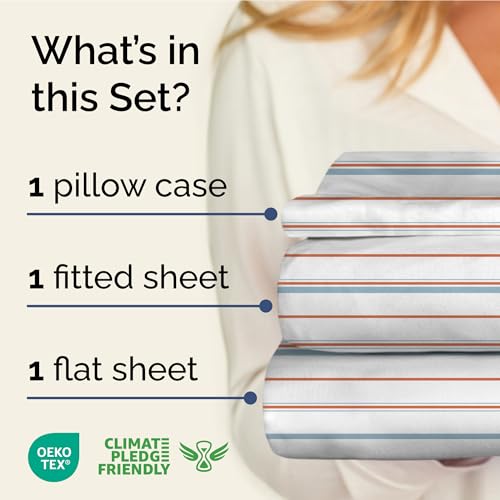 Image of Twin XL 3 Piece Striped Sheet Set - Breathable & Cooling - Red Blue Stripe | 1 Flat, 1 Fitted & 1 Pillowcase w / Deep Pockets, Luxury Striped Bedding, Soft, Breathable & Cooling, Wrinkle & Fade Free