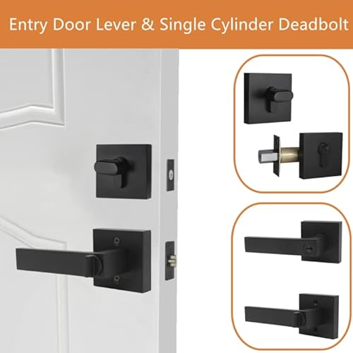 Probrico DL01 Square Entry Levers And Single Cylinder Deadbolts Combo Pack, Flat Black Keyed Alike Heavy Duty Keyed Entry Handles Locksets Reversible For Right And Left Side thumb #2