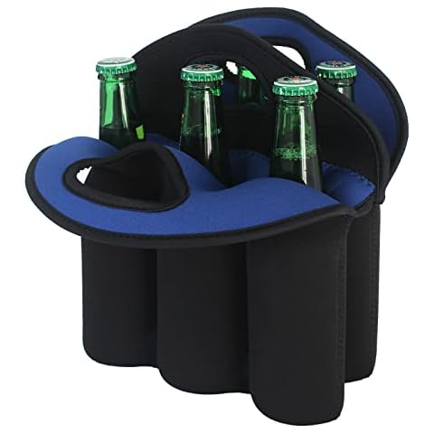 FRRIOTN 6 Pack Bottle Carrier, Insulated Neoprene Beer Bottle Holder for Travel, Keeps Drinks Cold with Secure Carry Handle, Gift for Men (Black-Blue) Cover