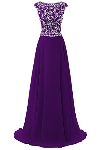 Women's Long Chiffon Bridesmaid Dress Cap Sleeves Beaded Prom Eveing Gown Purple US 18Plus