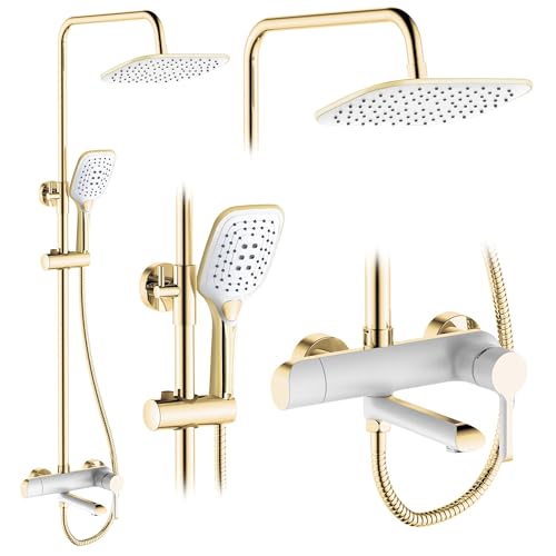 Rea Duschsystem MELIA WHITE GOLD Duschset Duscharmatur mit Duschkopf und Kopfbrause aus Messing Duschgarnitur für Badezimmer (Weiß/gold)