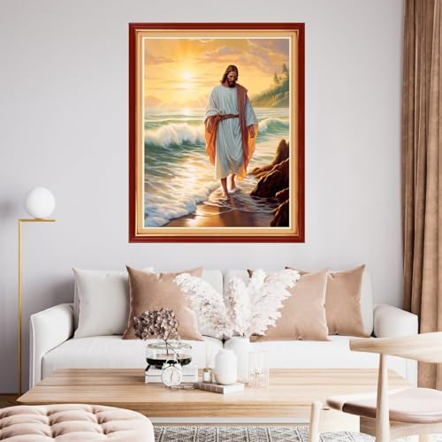 Image of Funchey Stamped Cross Stitch Kits, DIY Cross Stitch Pattern for Adults Beginners Needlepoint Kits Embroidery Kit Arts and Crafts 11CT&Jesus by the Sea 16x20 inchs