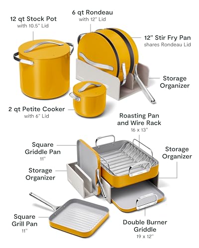 Image of Caraway 31-Piece Ceramic Cookware Bundle - Fry Pans, Saucepans, Saute Pan, Dutch Oven, Petite Cooker, Stir Fry, Rondeau, Stock Pot, Grill & Griddle Pans, Roasting Pan, Racks, Organizers - Marigold