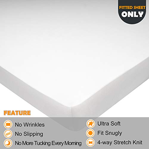 Image of Soft Stretch King Size Fitted Sheet Only - Jersey Knit, 4-Way Stretchy Snug Fit, Wrinkle Free & Stay in Place, No More Slipping Off for Mattress, Soft & Comfortable - White, King
