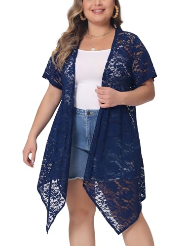 Image of Agnes Orinda Plus Size Lace Crochet Cardigan for Women Open Front Short Sleeves Sheer Cover Up Jacket